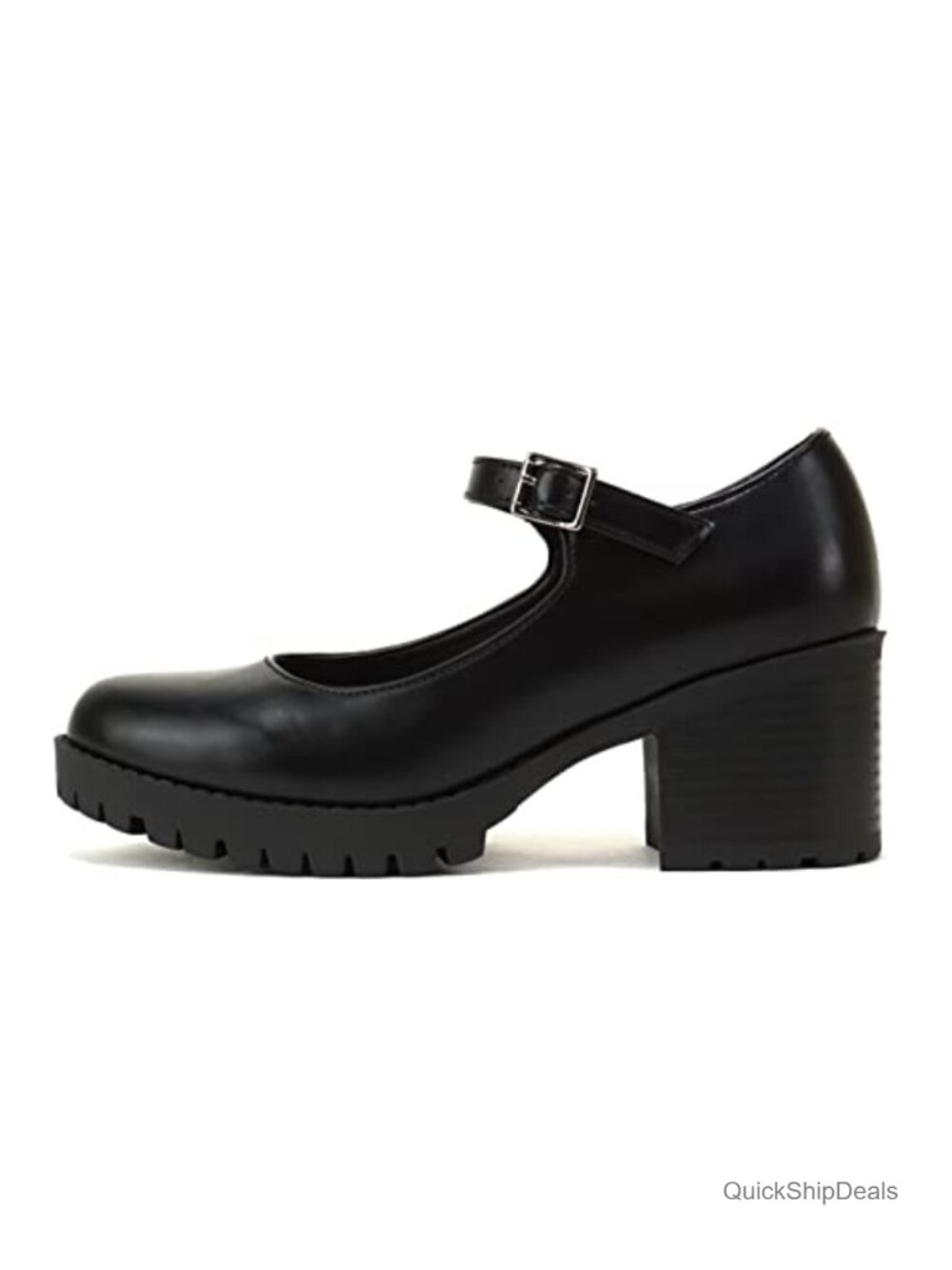 Women Mary Jane Chunky Block Heel Lug Sole Pump Adjustable Strap